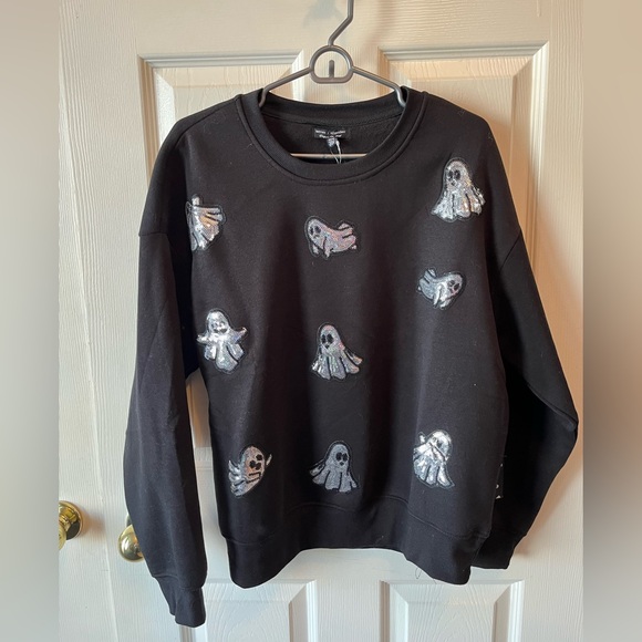 Better Together Tops - Black Sweatshirt with Silver Sequin Ghost Pattern 👻